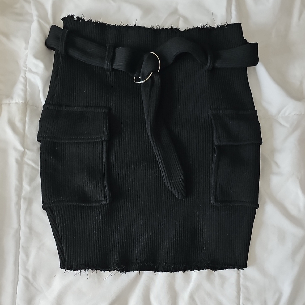 Hot & Delicious Black Ribbed Cargo Pocket Mini Skirt with Waist Tie